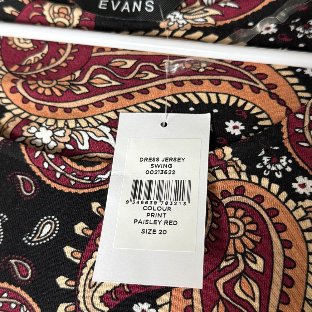 EVANS‎ Paisley Print Jersey Swing Dress Red Black Size 20 Long Sleeve - Picture 4 of 7